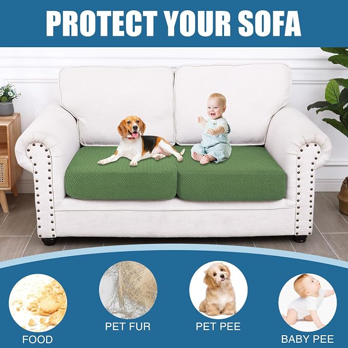 Smiry Waterproof Couch Cushion Covers, Non Slip Seat Cushion Covers | Stretch Jacquard Sectional Sofa Slipcover, Washable Elastic Furniture Protector for Pets, Kid, 2 Pieces, Grass Green - Image 5