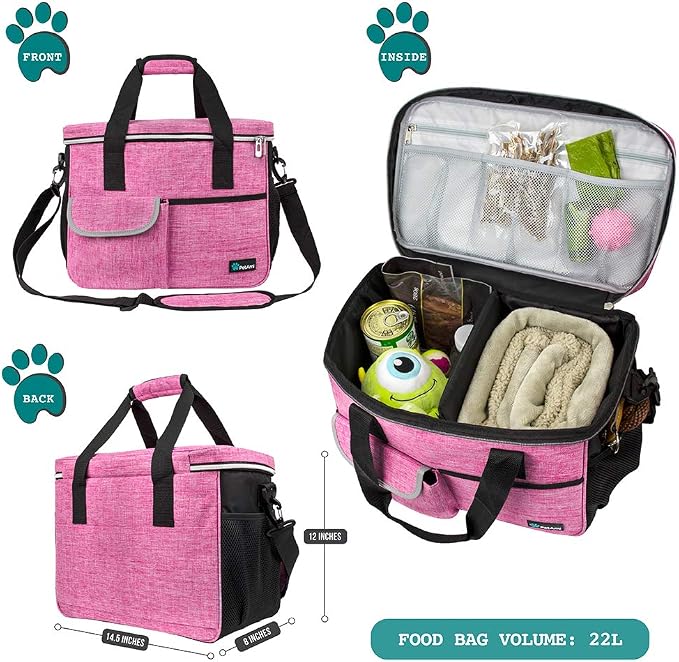 PetAmi Dog Travel Bag Organizer, Pet Travel Kit with 2 Food Containers & 2 Collapsible Dog Bowls, Pet Supplies Tote with Luggage Sleeve, Weekend Road Trip Camping Essentials, Pink, Medium - Image 2