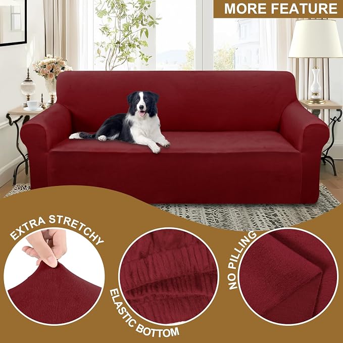 U-NICE HOME Velvet Sofa Covers Stretch Couch Covers for 3 Cushion Couch Furniture Protector Sofa Slipcover (XL Large, Burgundy) - Image 4