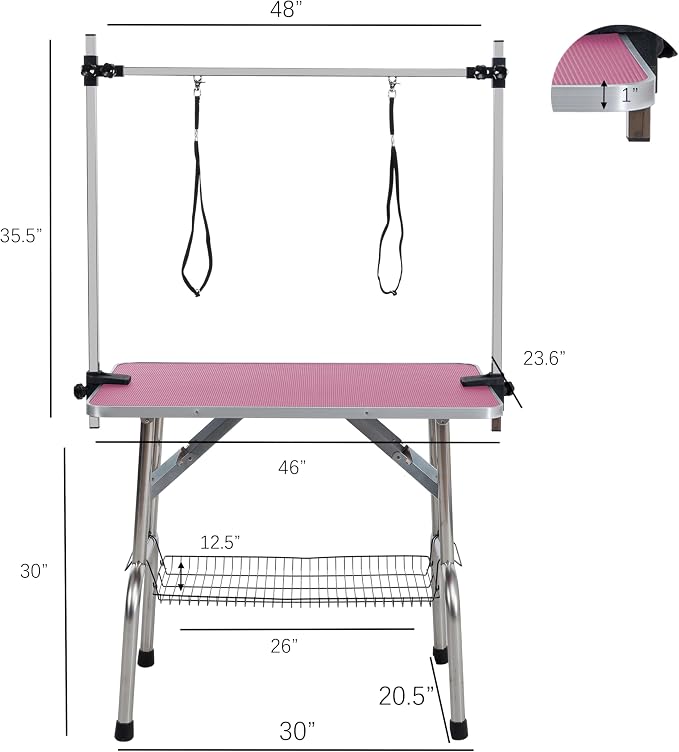 46" Dog Grooming Table Foldable Pet Grooming Tables with Adjustable Arm Noose Storage Mesh Tray Maximum Capacity Up to 330lbs Pink - Image 2