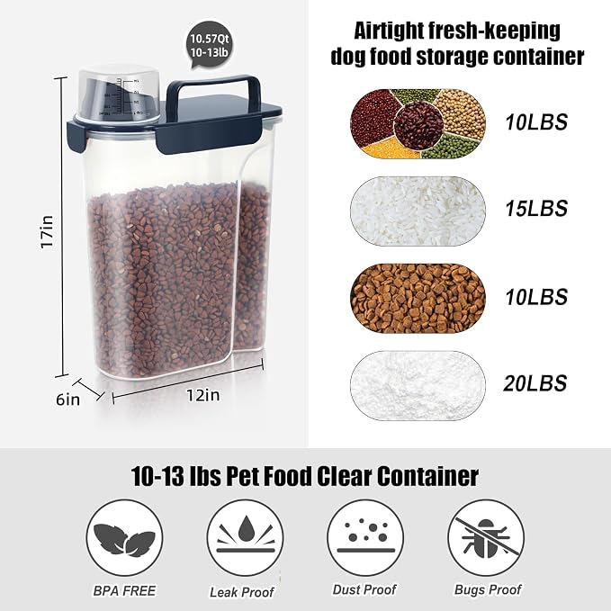 LEAWALK 10-13 Lbs Upgrade Capacity Dog Cat Food Storage Container, Pet Dog Treat Container, Airtight, Clear Bucket Body, With 2-Cup Scoop, Handle, Large Nozzle, 4-Safety Buckles, Easy to Clean, Blue - Image 4