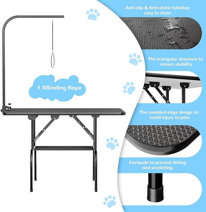 32-Inch Dog Grooming Table for Small & Medium Dogs, Foldable Pet Grooming Table with Adjustable Arm, Noose & Mesh Tray, Non-Slip Waterproof Surface, Supports Up to 300 lbs - Image 4