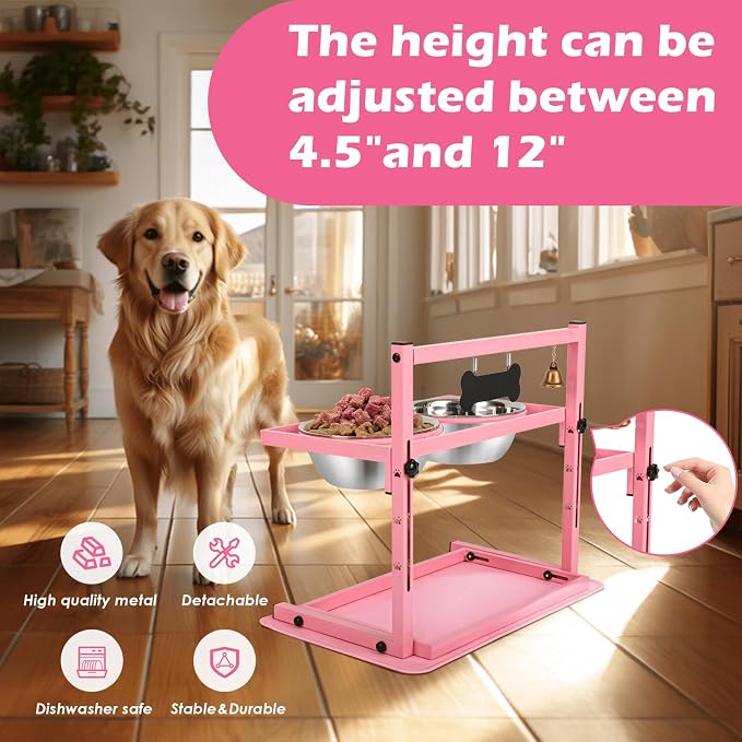 SHAINFUN Pink Elevated Dog Bowl Stand with Two 1700ml Stainless Steel Food Bowls, Slow Feeder and Spill Proof Mat, Adjustable Feeder for Large, Medium and Small Dogs - Image 2