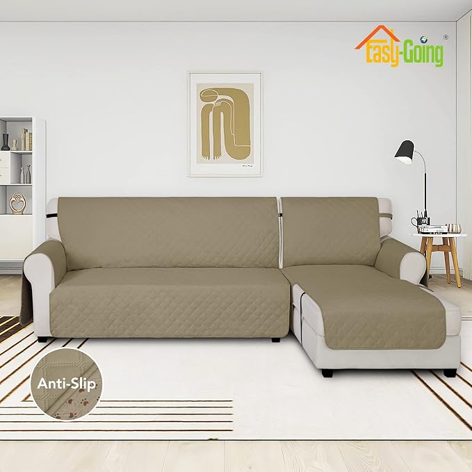 Easy-Going Waterproof Sectional Couch Covers with Chaise 2-Piece Non Slip L Shape Sofa Cover for Dogs Leakproof Furniture Protector Cover with Adjustable Strap for Pets (X-Large, Beige) - Image 2