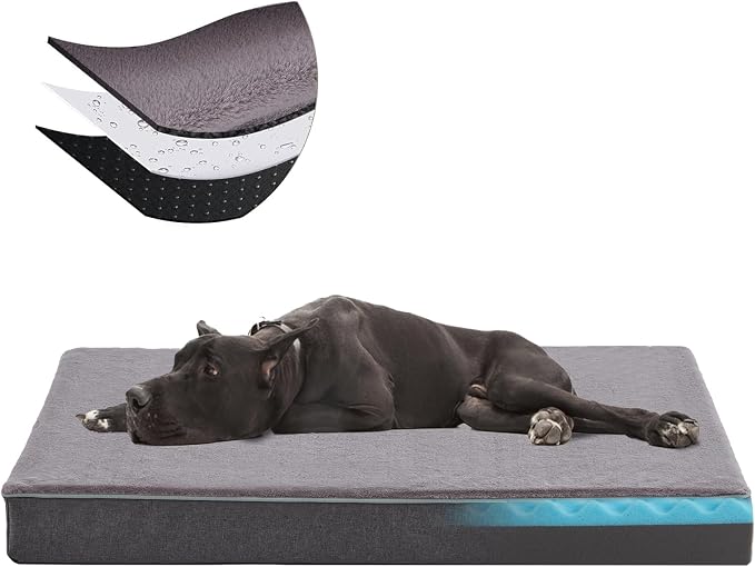 Cooling Dog Beds for Dogs, Orthopedic Memory Foam Dog Bed，Washable Pet Beds for Crate with Faux Fur Cover, Waterproof Lining (Grey, XXX-Large: 50" x 34" x 4") by URGVANZPET