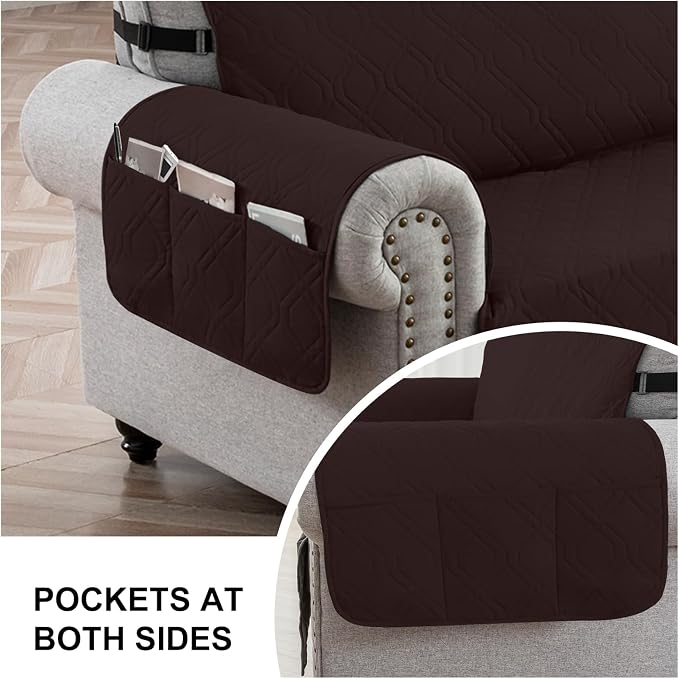 100% Waterproof Quilted Couch Cover,Straps&Pockets,23" Chocolate | Washable sofa cover, pet-friendly, scratch-resistant furniture protector, quilted sofa cover, reversible, non-slip backing. - Image 5