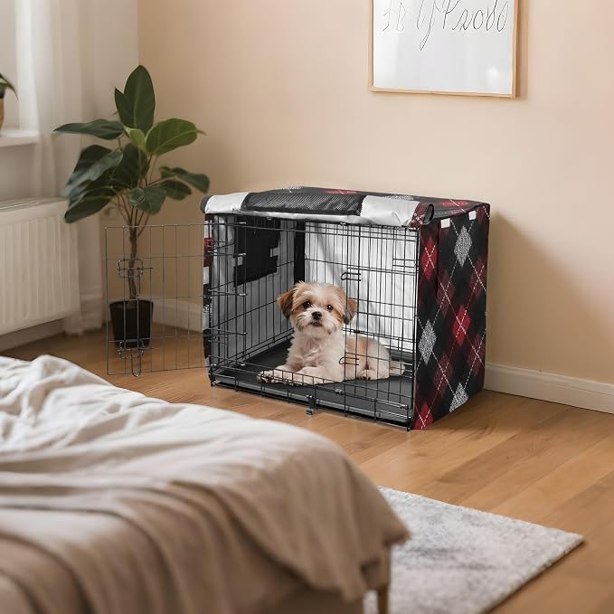 Dog Crate Cover Kennel Cover for Dog Cages Breathable for Wire Cage Indoor Outdoor Dark Red Black Argyle - Image 7