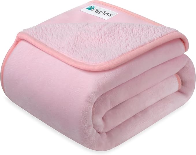 PetAmi Premium Waterproof Dog Blanket for Small Medium Dogs, Reversible Sherpa & Flannel Fleece, Leakproof Pet Throw for Couch Protection, Soft Plush Furniture Protector for Cats, Washable, 24x32 Pink by PetAmi