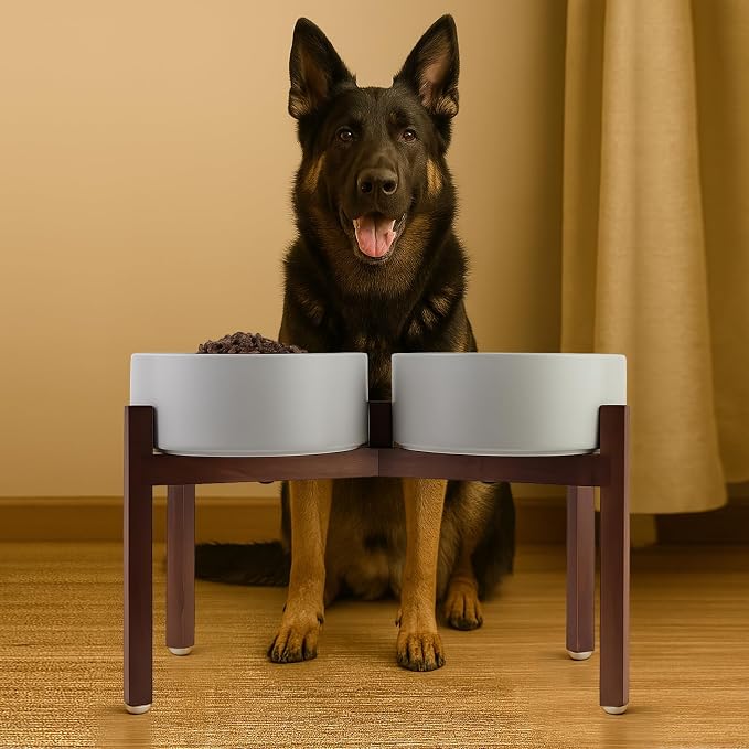 SPUNKYJUNKY Raised Ceramic Dog Bowls Set with Non-Slip Acacia Wood Stand for Large Sized Dog(60.87 OZ, Gray) - Image 6