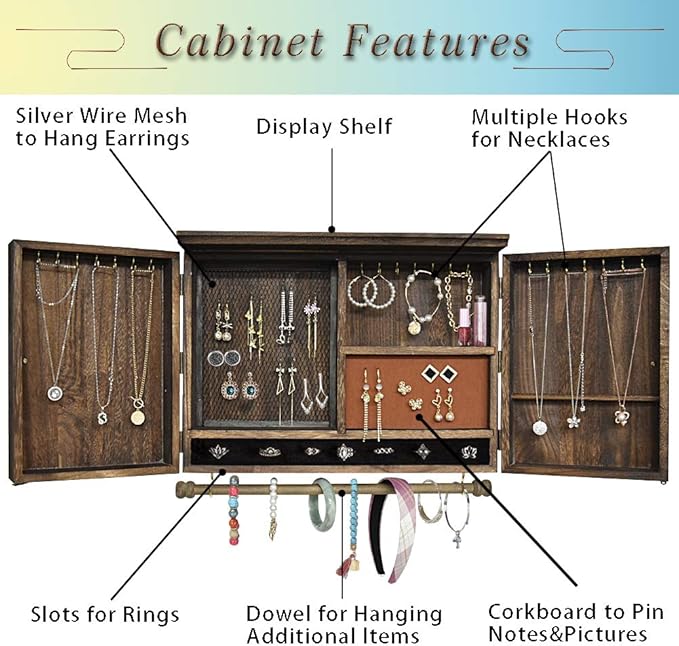 GLANT Rustic Wall Mounted Jewelry Organizer with Wooden Barndoor Decor,Wooden Wall Mount Holder,Jewelry holder for Necklaces, Earings, Bracelets, Ring Holder. Includes matching hook organizer (Rustic) - Image 3