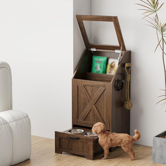 Dog Feeding Station with Storage Cabinet and 2 Elevated Dog Bowls, Hidden Pet Food Storage Organizer for Dog &Cat,Modern Dogs Furniture (Walnut) - Image 4