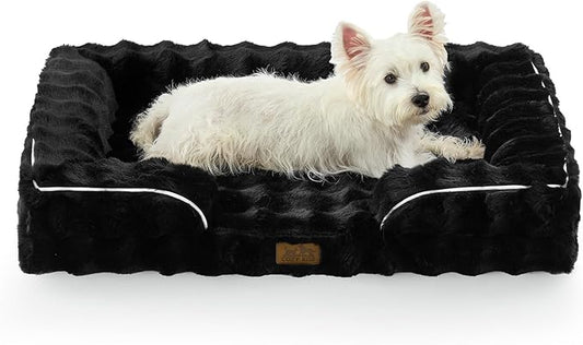 COZY KISS Orthopedic Dog Bed for Large Medium Size Dog, Soft and Warm Faux Fur Sofa for Pet Up to 75 lbs, Foam Bolster Anti-Slip Couch with Washable Removable Cover, L 36x27x6.5 inch, Black by COZYKISS