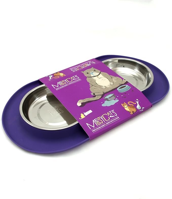 Messy Cats Double Silicone Feeder, Stainless Bowls, 1.75 Cup, Purple | Non-Slip Silicone Double Cat Feeder With Two Removable Stainless Steel Saucer Bowls For Food And Water - Image 4