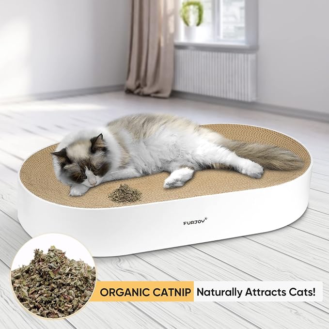 Cat Scratcher, 63x 35 x 10cm Oval Corrugated Cardboard Scratch Pad, Round Cat Scratching Lounge Bed Sofa, Cat Scratcher Bowl with Organic Catnip [ Home Clean Design with Scratcher Box] - Image 6