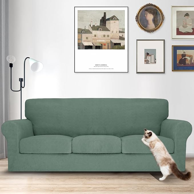 MAXIJIN 4 Piece Couch Covers for 3 Cushion Couch Sofa Covers, Stretch Couch Slipcovers for Sofas with 3 Cushions, Thick 3 Seat Furniture Protector for Dogs Pet (71"-91", Pea Green) - Image 2
