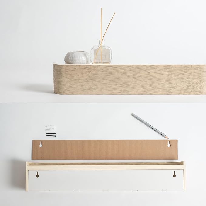 Kazai. Wall-Mounted Coat Rack 'Toke' - Modern Design Coat Rack with Hidden Wall Hooks - Solid Wood Veneer Panel Coat Hanger - Oak, White - Image 5