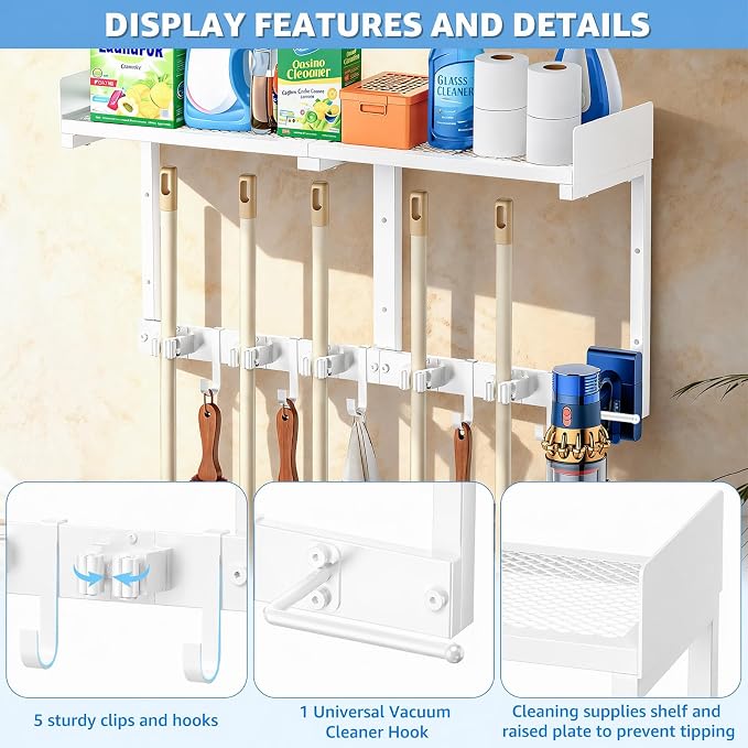 HUFAND Broom Holder Wall Mount, 27" Mop and Broom Organizer with Top Shelf | 5 Grippers,5 Movable S-Hooks,Breathable Grid Shelf,Rust-Resistant Coating,Hardware Included,for Kitchen,Laundry Room - Image 3