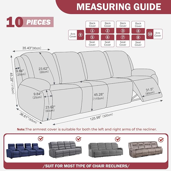 vctops Diamond Recliner Sofa Covers 10-Pieces Stretch Large RV Couch Covers for 4 Seats Reclining Slipcovers Soft Solid Furniture Protector (Wine Red,4 Seat) - Image 2