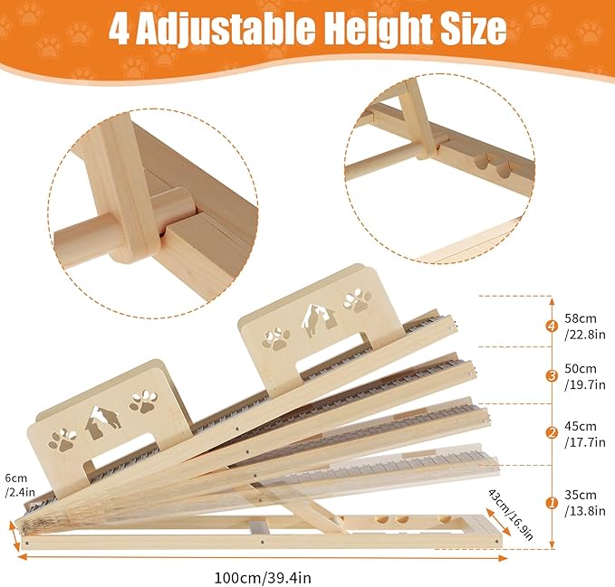 Dog Ramp for Bed 4 Adjustable from 13.8"-22.8" Portable Dog Steps Folding Ramp for Dogs to Get On Bed Wooden Paw Ramps with Anti-Slip Grip & Safety Rails Dog Stairs for High Beds Car Couch