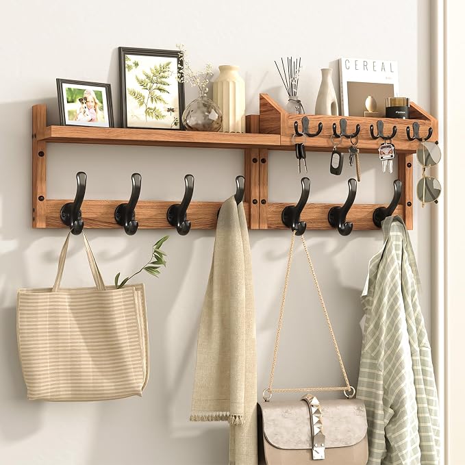 Evermagin 29" Coat Rack Wall Mount with Shelf & 11 Hooks, Entryway, Brown | 4-in-1: coat hooks, key hanger, mail holder & display shelf. Pine wood. For bedroom, hallway, mudroom, livingroom. by Evermagin