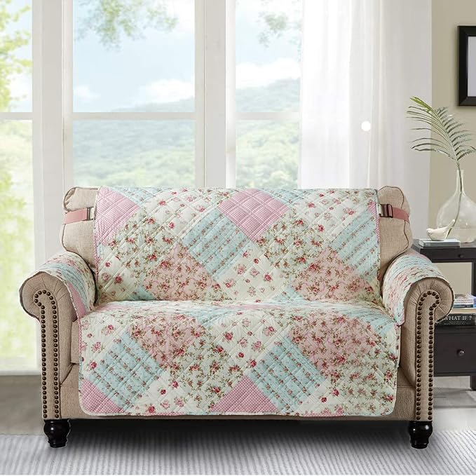 Brilliant Sunshine Pink & Green Roses Patchwork Loveseat Cover, 54" seat | Non Slip Sofa Cover, Quilted Furniture Protector, Large Washable Love Seat Slipcover for Pets, Dogs & Cats - Image 3