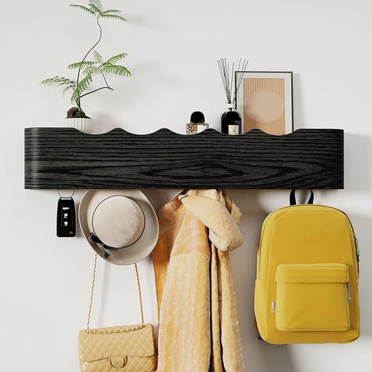 Coat Rack Wall Mount with Shelf 5 Hidden Hooks Modern Wooden Key Holder Entryway Organizer for Hallway Bedroom Bathroom Home Decor Storage for Hanging Coats Hats Bags Towels, Wave-Shape Black by Jadoxy