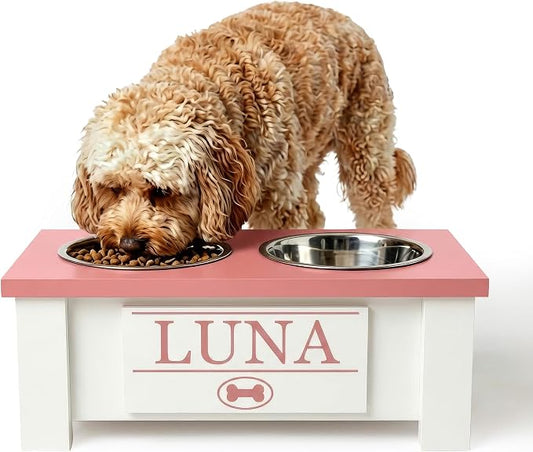 Elevated Dog Bowls for Small Dogs, Personalized Food Stand for Small Breed | Farmhouse Style, Elevated Wood Stand, Storage Container, Stainless Steel Bowls, Raised Anti-Slip Feeder, Made in USA by GrooveThisWoodshop