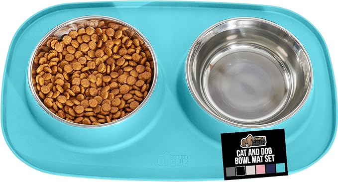 GORILLA GRIP Dog Bowl Set with Slip Resistant Silicone Feeding Mat, 4 Cup, Food Grade 304 Stainless Steel Bowls, BPA Free, High Edge Spill Containment, Dishwasher Safe, Finger Notch Removal, Turquoise by Unknown