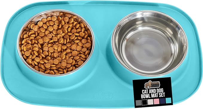 GORILLA GRIP Dog Bowl Set with Slip Resistant Silicone Feeding Mat, 4 Cup, Food Grade 304 Stainless Steel Bowls, BPA Free, High Edge Spill Containment, Dishwasher Safe, Finger Notch Removal, Turquoise by Unknown