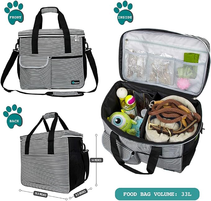 PetAmi Dog Travel Bag Organizer, Pet Travel Kit with 2 Food Containers & 2 Collapsible Dog Bowls, Pet Supplies Tote with Luggage Sleeve, Weekend Road Trip Camping Essentials, Stripe Black, Large - Image 2