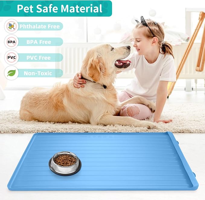 Pet Mats for Food and Water - 39.4" x 27" Thickened Large Dog Food Mat | Waterproof Pet Bowl Mat with Residue Collection Pocket and High Edges to Prevent Water and Food Spills - Blue - Image 5