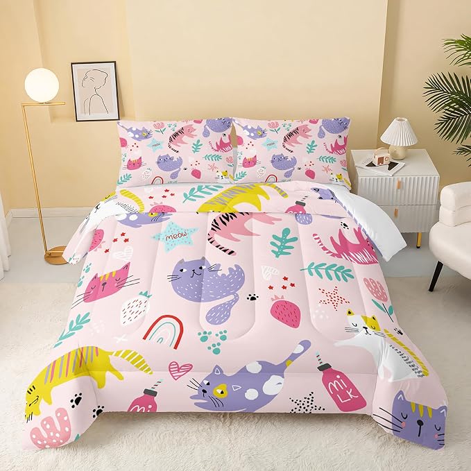 QOOMO Kawaii Cats Comforter Full Size,Pink Cats Kids Bedding Set,3Pcs Bedding Set Printed Comforter with 2 Pillowcases,Down Alternative,Soft and Lightweight,for All Seasons by QOOMOHOME