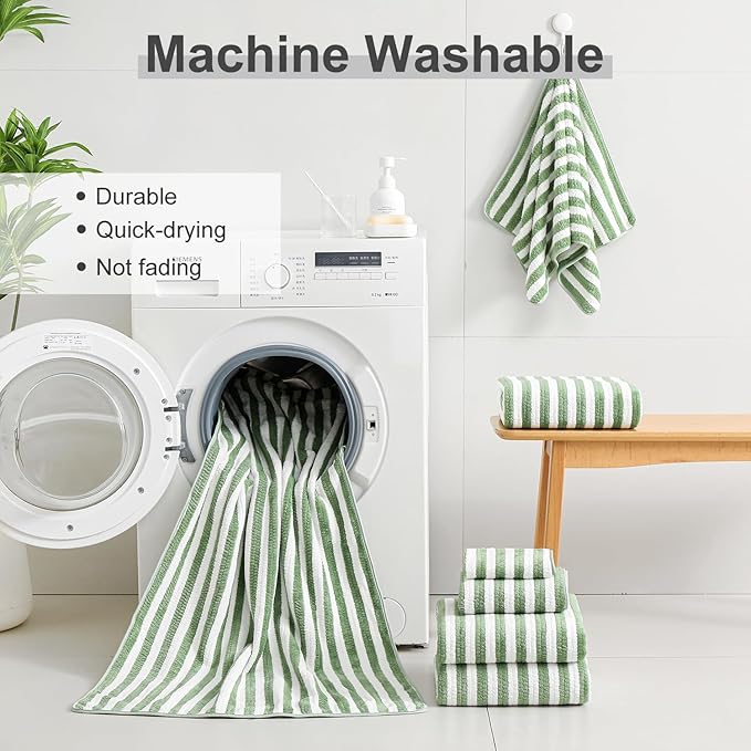 Smuge 18 Pcs Bath Towel Set, Include 6 Bath Towel Sheets, 6 Hand Towels and 6 Washcloths - Highly Absorbent Quick Dry Microfiber,Ultra Soft Bathroom Towel Set with Hanging Loop - Light Green - Image 6