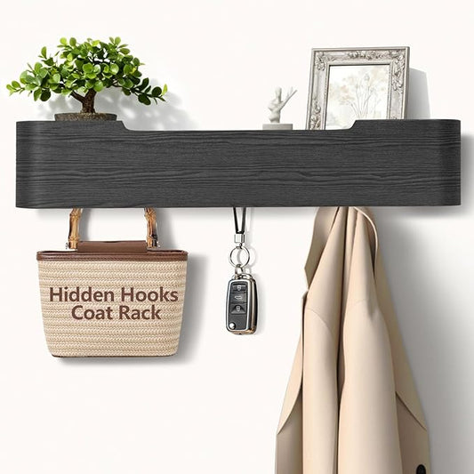 Coat Rack Wall Mount with Shelf 5 Hidden Hooks Modern Wooden Key Holder Entryway Organizer for Hallway Bedroom Bathroom Home Decor Storage for Hanging Coats Hats Bags Towels, Black by Jadoxy