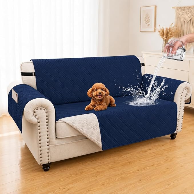 100% Waterproof Couch Cover for Dogs, Anti-Slip Washable Sofa Cover with Elastic Straps & Side Pockets, Durable Furniture Protector for Kids & Pets (Loveseat 46", Navyblue) by Unknown