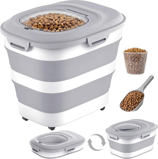 28 Lbs Dog Food Storage Container, Collapsible Cat Food Container | Airtight Pet Food Storage Containers with Wheels, Clear Window, Measuring Cup and Scoop, BPA Free for Rice, Flour, Bird Seed by NURYOSPACESAVING
