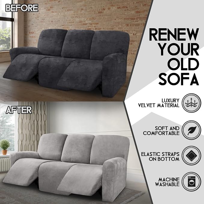 ULTICOR Velvet 8-Pieces Recliner Sofa Covers Stretch Reclining Couch Covers for 3 Cushion Reclining Sofa Slipcovers Furniture Covers Thick Soft Washable (3 Seater Recliner Cover, Light Grey) - Image 5