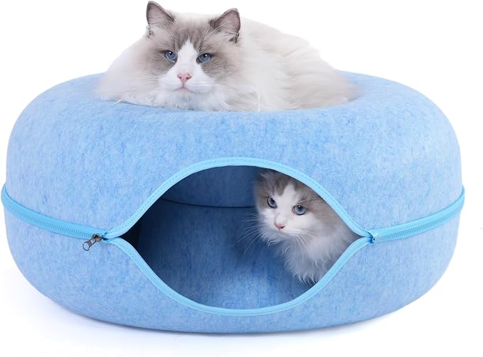 Large Cat Tunnel Bed for Indoor Cats with 3 Toys, Scratch Resistant Donut Cat Bed, Up to 30 Lbs (L 24x24x11, Blue) - Image 2