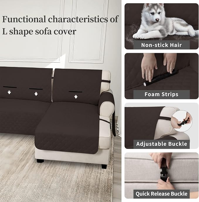 Easy-Going Waterproof Sectional Couch Covers with Chaise 2-Piece Non Slip L Shape Sofa Cover for Dogs Leakproof Furniture Protector Cover with Adjustable Strap for Pets (Large, Chocolate) - Image 3