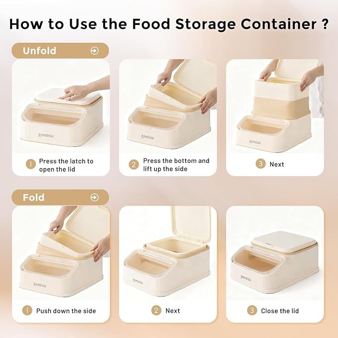 ZOMISIA 20-30lbs First-in, First-out Collapsible Dog Food Storage Container | FIFO System Easy Dispense Base for Freshness, Cat Food Storage Containers with Transparent Lid and Scoop - Image 7