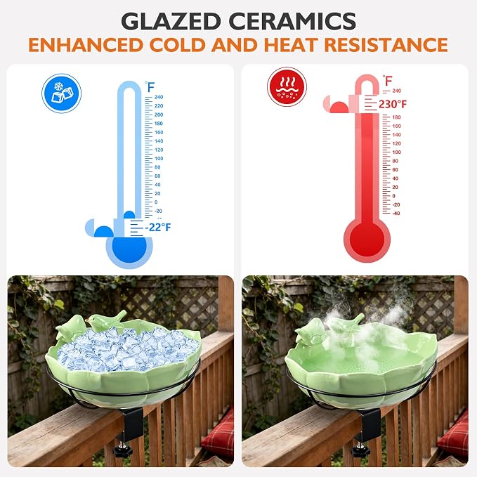 Glazed Ceramic Bird Bath for Deck Railing, 11 Inch Outdoor Bird Feeder Bowl with Adjustable Clamp, Easy Install Balcony/Patio Birdbath for Outside Garden Backyard Decoration, Green - Image 4