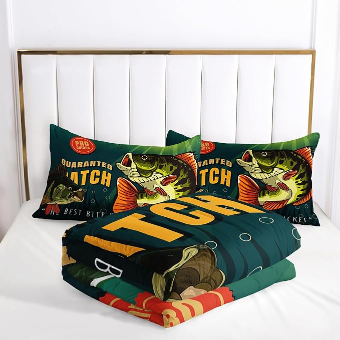Nttopship Big Pike Fish Comforter Sets, Hunting and Fishing Pattern Bedding Set Queen Size for Kids,Fishing Underwater Animals Bedding Sets All Season 1 Comforter and 2 Pillowcases - Image 4