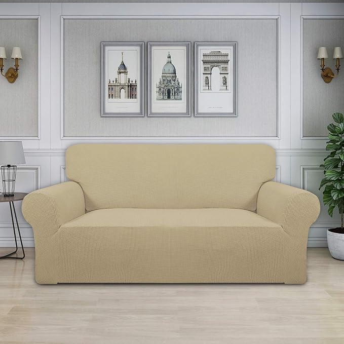 Easy-Going Stretch Oversized Loveseat Couch Covers Washable Beige | 1-Piece Large Loveseat Cover for 2 Cushion Couch Furniture Protector RV Sofa Slipcover Soft with Bottom for Kids Pets - Image 2