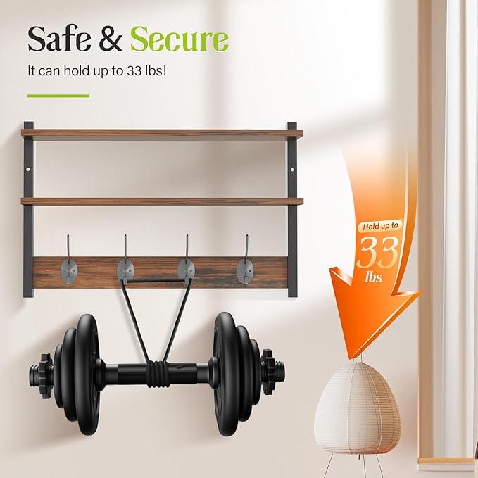 Two-Tier Wall Shelf with Hooks, 17" Coat Rack Wall Mount with Shelf, Key Hooks for Wall with Heavy Duty Double Hooks, Coat Hook Wall Mounted for Bedroom, Living Room, Rustic Brown - Image 5