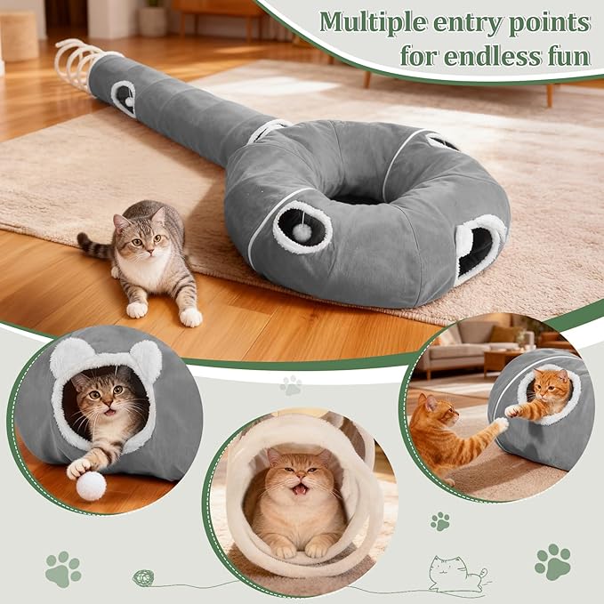 Ownpets 2-in-1 Cat Tunnel Large Lollipop 12" D Collapsible Cave Plush, Grey | Foldable Tunnel Bed, Fluffy Ball, Multi-Exit Maze, For Cats Kittens Puppies Rabbits, Soft Plush, Easy Store, Cozy Hiding Spot - Image 5