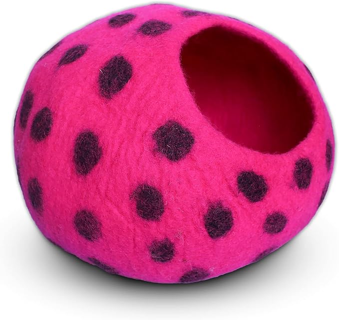 Woolygon Premium Felt Cat Cave Bed – Wool Kitty Beds Handcrafted Kitten Caves Bed for Indoor Cats - Made from Merino Wool, Foldable Cat Hideaway Covered Cat House Pod (Pink Polka) - Image 5