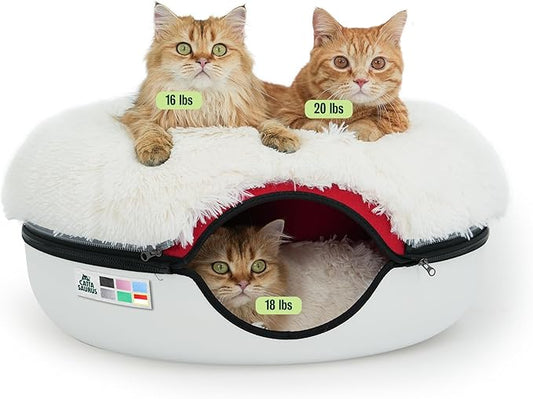 Cattasaurus Peekaboo Cat Cave for Multiple & Large Cats Up to 30-45 Lbs, Fluffy Cat Beds & Furniture, Scratch Detachable & Washable Tunnel Bed, Comfy Donut Bed (Ruby Snowball, Large (Calming)) by Cattasaurus
