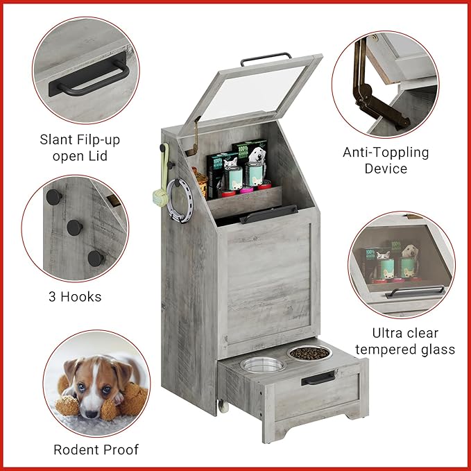 Dog Feeding Station with 2 Elevated Dog Bowls, Pet Feeding Station,Flip Top Pet Food Cabinet,Pet Food Container,Pet Toy Storage Organizer,Modern Storage Organizer,Grey - Image 5
