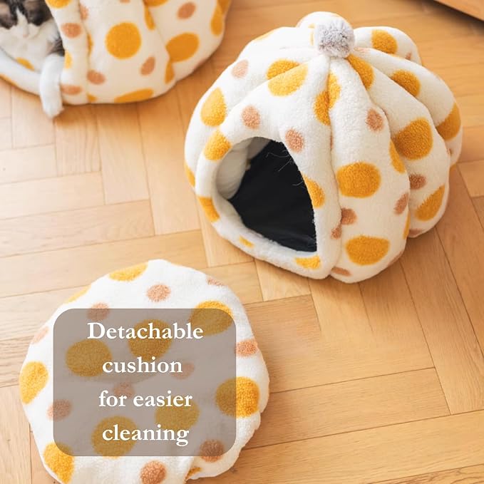 Cat Polka Dot Bed Cave, Plush Warm Enclosed Hideaway (Orange,Medium) | Yurt-inspired semi-open den, Soft comfy interior, Spotted pattern, Winter nap spot, Small apartment pet furniture - Image 3