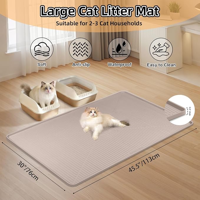 Silicone Cat Litter Mat 45" x 30" Cat Mat for Litter Box, Khaki | Extra Large Cat Litter Trapping Mat for Floor, Waterproof, Non-Slip Kitty Litter Box Mat with Raised Edge, Easy to Clean - Image 2